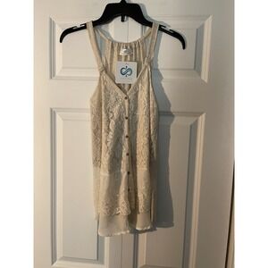 Infinity Raine Boho Button Down Lace Overlay Tank Top  small beige nwt